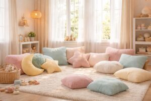 Créez un univers doux pour enfants avec coussins moelleux, tapis et couleurs pastel apaisantes