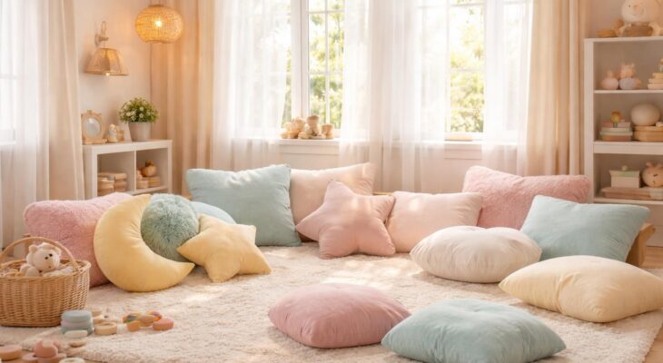 Créez un univers doux pour enfants avec coussins moelleux, tapis et couleurs pastel apaisantes