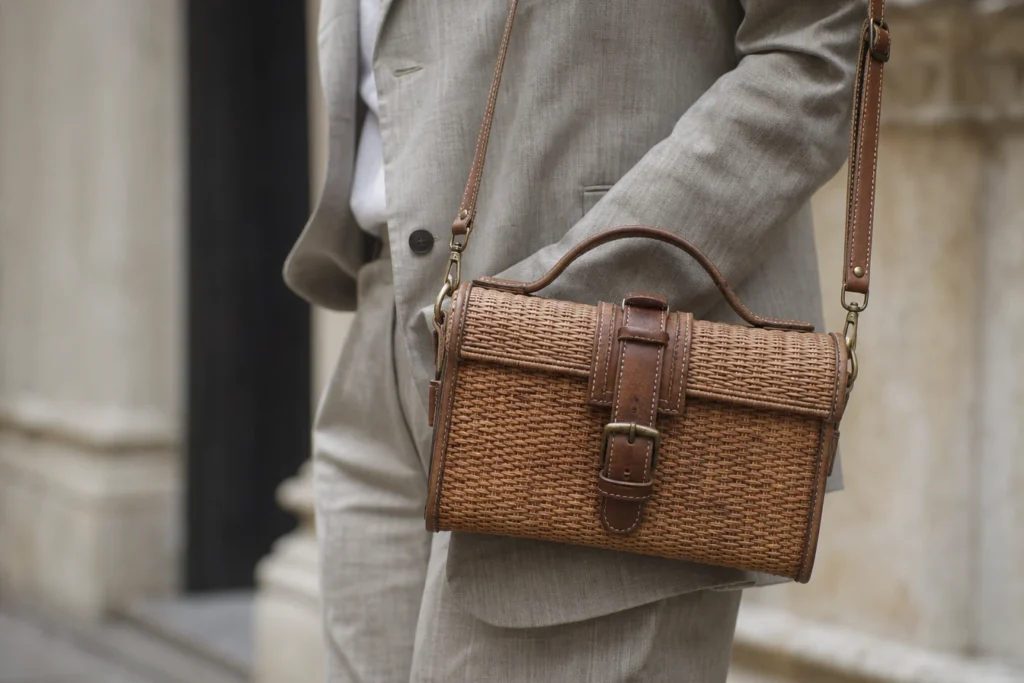 Sac en rotin et tailleur strict : l’alliance improbable qui séduit les fashionistas